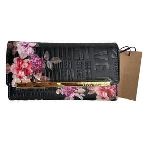 Brand New Black Steve Madden Trifold Roses Wallet w/ Gold Met. Liner